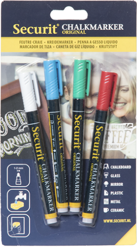 Zestaw 4 pisaków kredowych na blistrze (1-2 mm; niebieski, zielony, czerwony, biały)