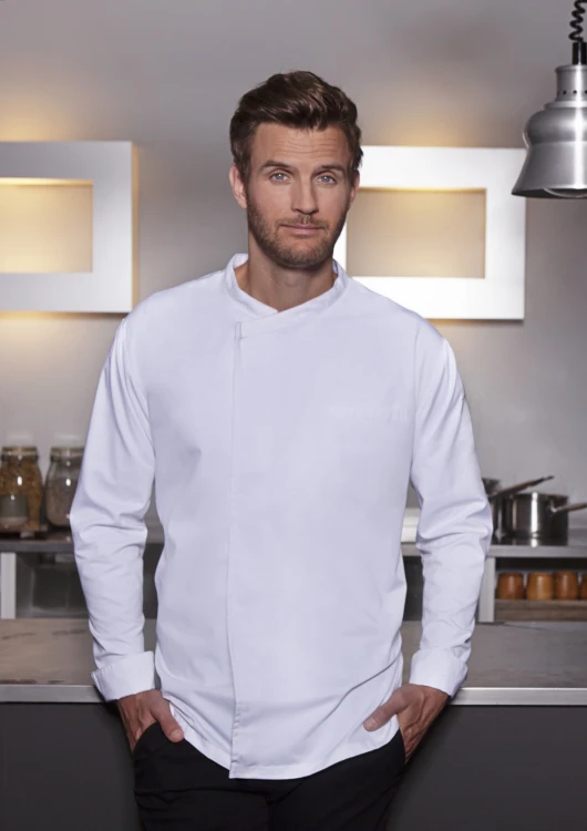 Męska bluza kucharska Long-Sleeve Throw-Over Chef Shirt BASIC biała