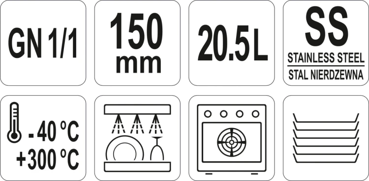 Pojemnik gastronomiczny ze stali nierdzewnej gn 1/1 150mm 20,5l